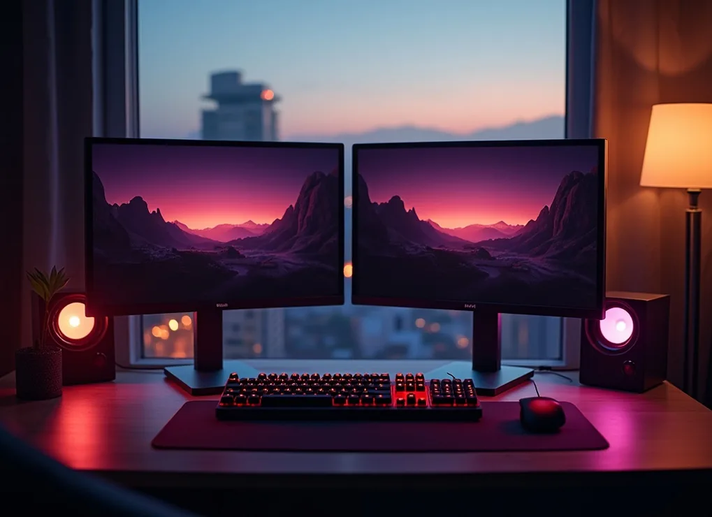 Clean workspace with dual monitors mechanical keyboard and ambient warm lighting at dusk