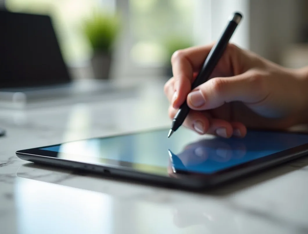 Close-up of a stylus tapping a tablet on a marble desk soft shadows