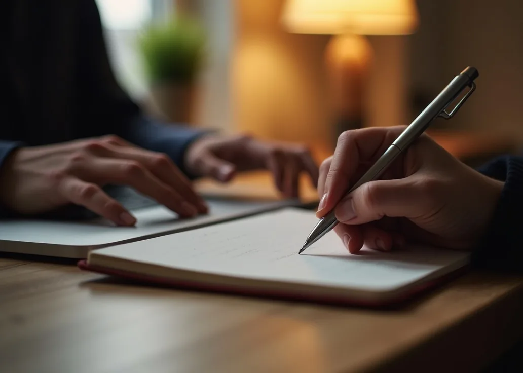 Close-up of hands writing in a notebook beside an open laptop warm desk lamp glow