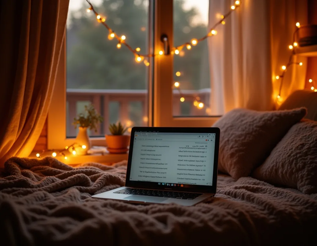 Cozy reading nook with a laptop throw blanket and string lights warm evening atmosphere