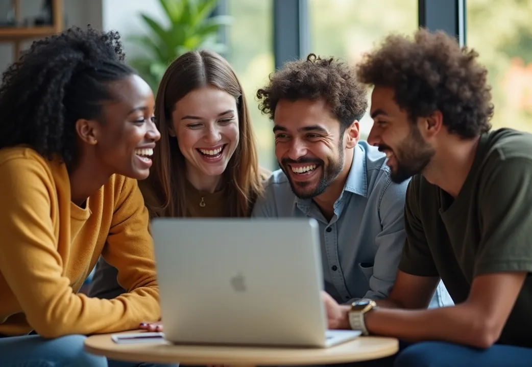 Diverse group of students laughing together around a laptop in a campus lounge