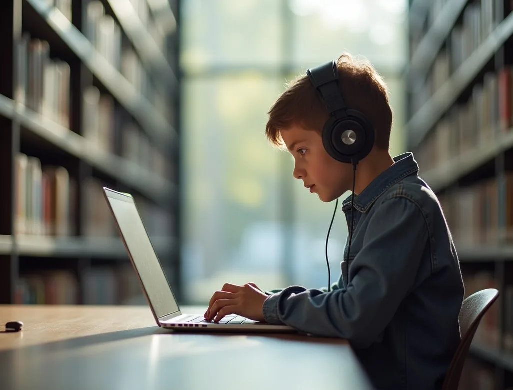 Focused student wearing headphones studying on a laptop in a bright modern library