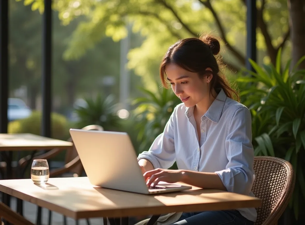 Freelancer working on a laptop at an outdoor cafe table sunlight and greenery