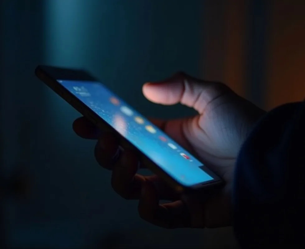 Hands holding a smartphone with a glowing screen in a dim room cinematic blue and orange light