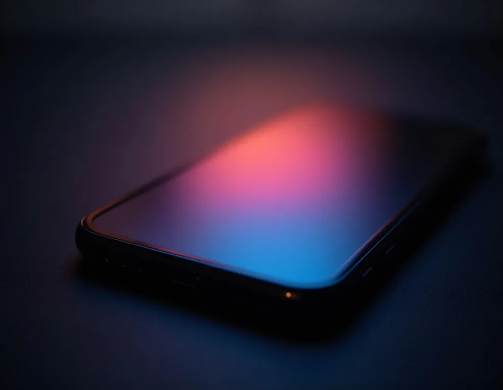 Macro shot of a smartphone screen reflecting soft colorful light dark moody background