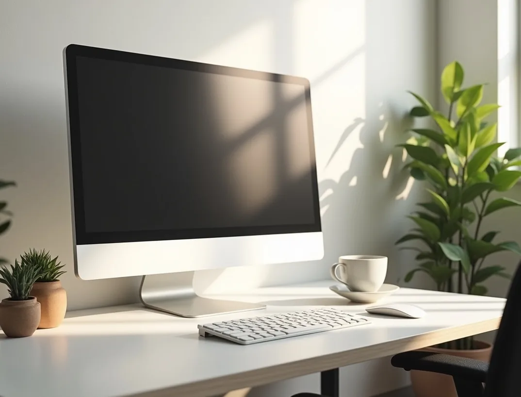 Modern home office with a clean desk large monitor and a cup of tea minimalist aesthetic daylight