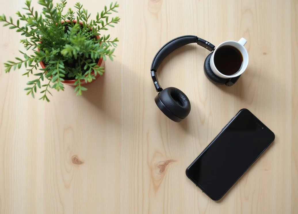 Overhead flat lay of headphones smartphone coffee and a small plant on a light wooden table