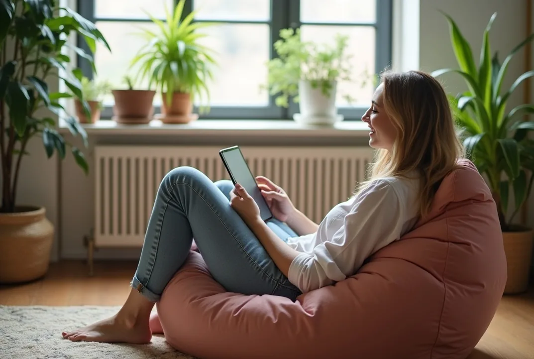 Person relaxing on a beanbag with a tablet in a bright loft plants in background