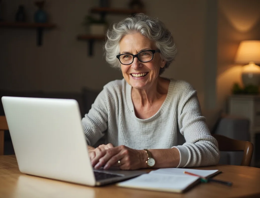 Smiling mature woman learning on a laptop at her kitchen table warm inviting light