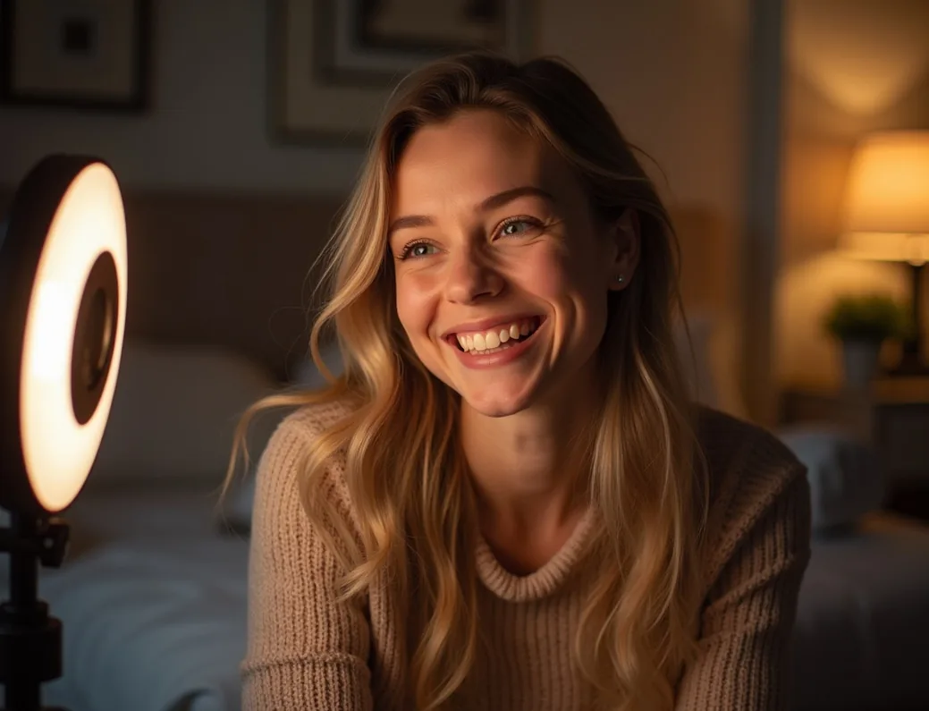 Smiling woman in a video call setup at home ring light glow casual cozy interior