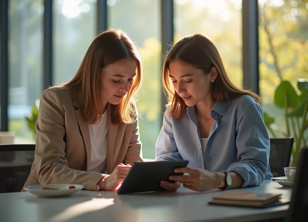 Two young professionals collaborating over a tablet in a sunlit coworking space