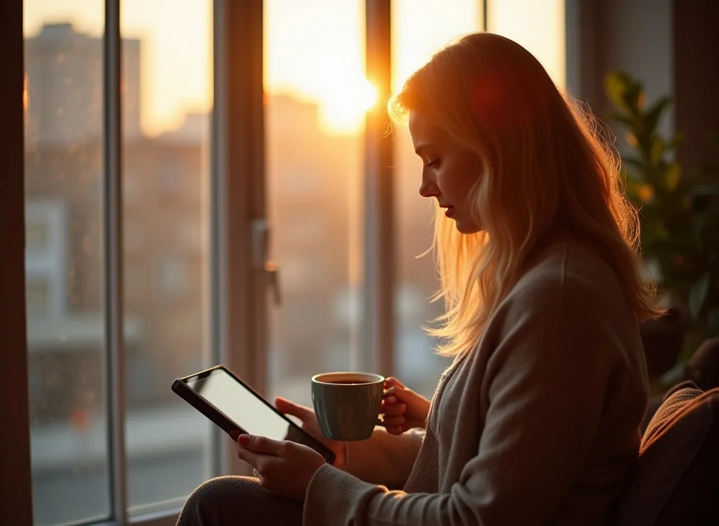 Woman holding a coffee mug while reading on a tablet near a large window golden hour light