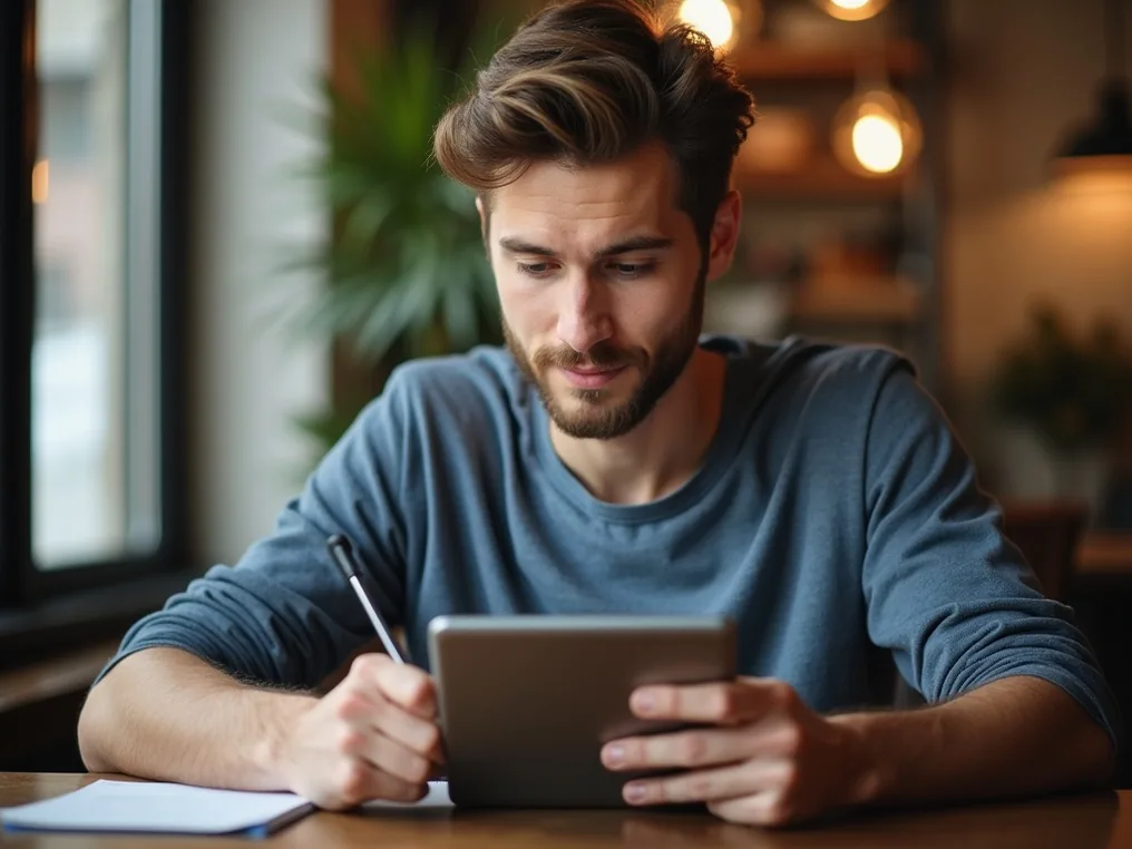 Young man taking notes on a tablet with a stylus in a cafe blurred background soft window light