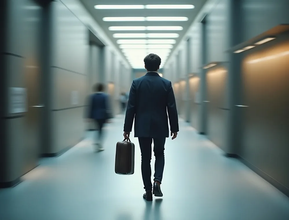 Young professional walking with a laptop bag through a modern office corridor